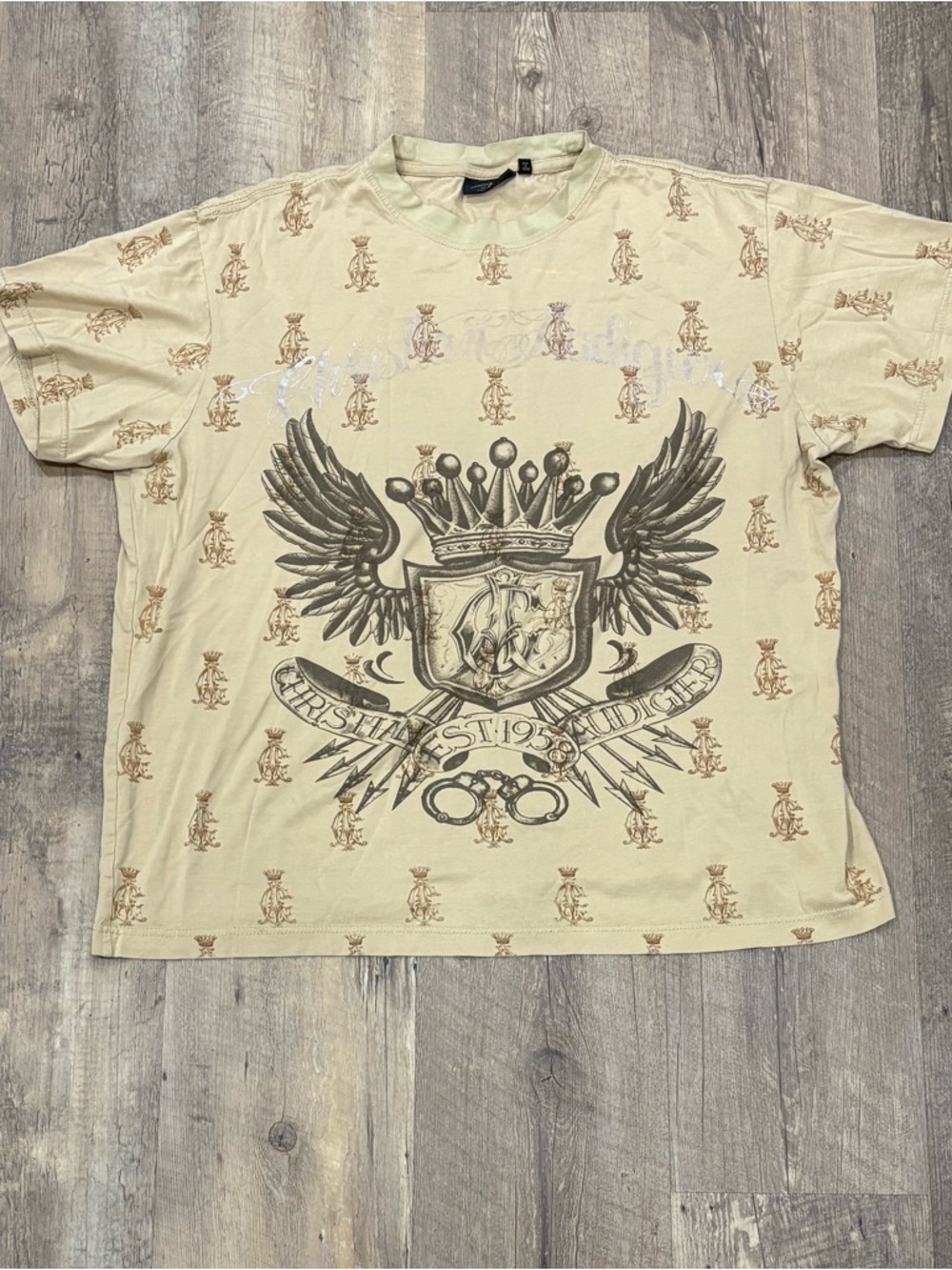 Vintage Christian Audigier Mens Beige Graphic Crest T‑Shirt